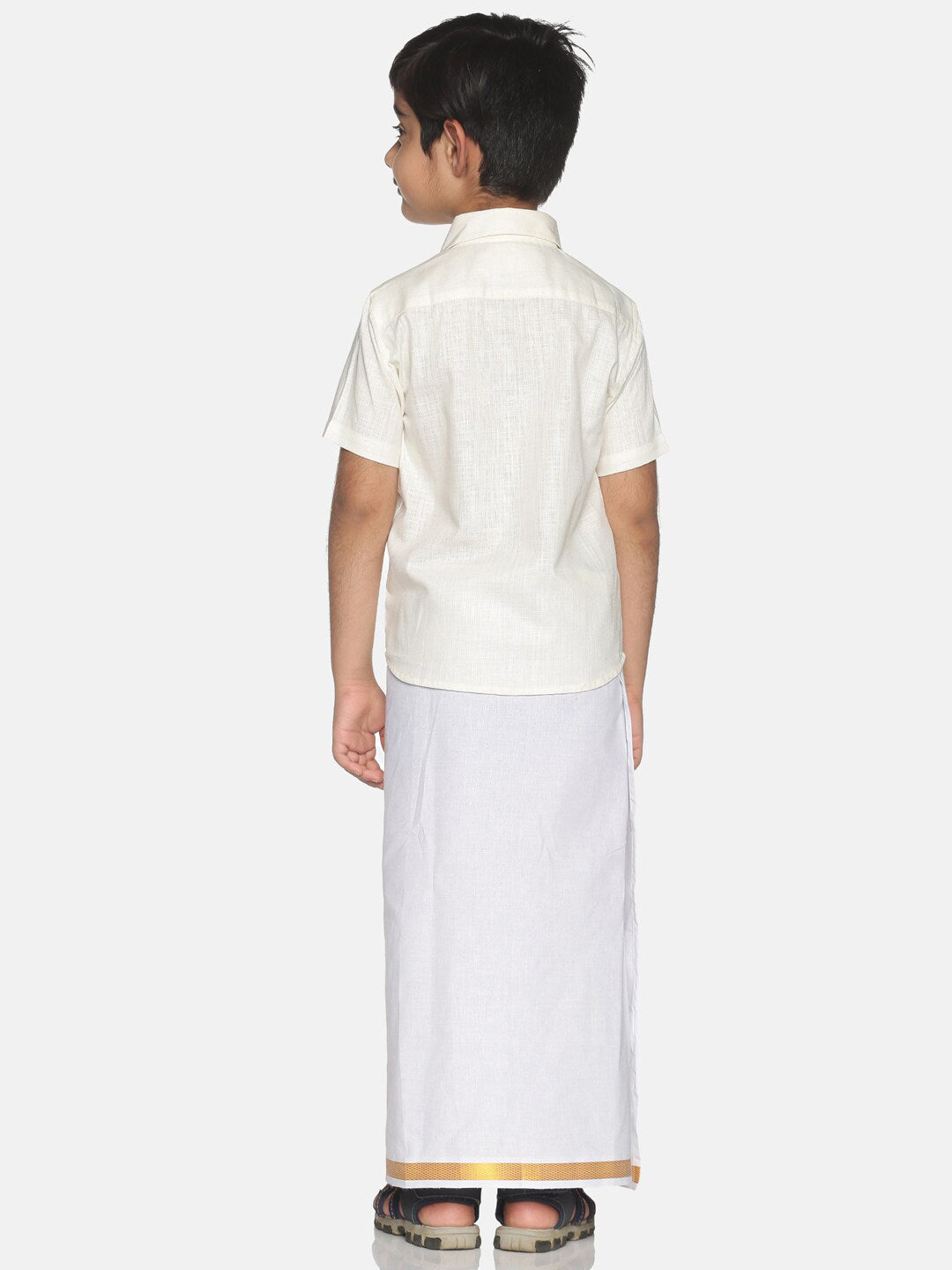 Sethukrishna Boys Cream-Coloured & White Solid Shirt and Veshti Set | Grocsy