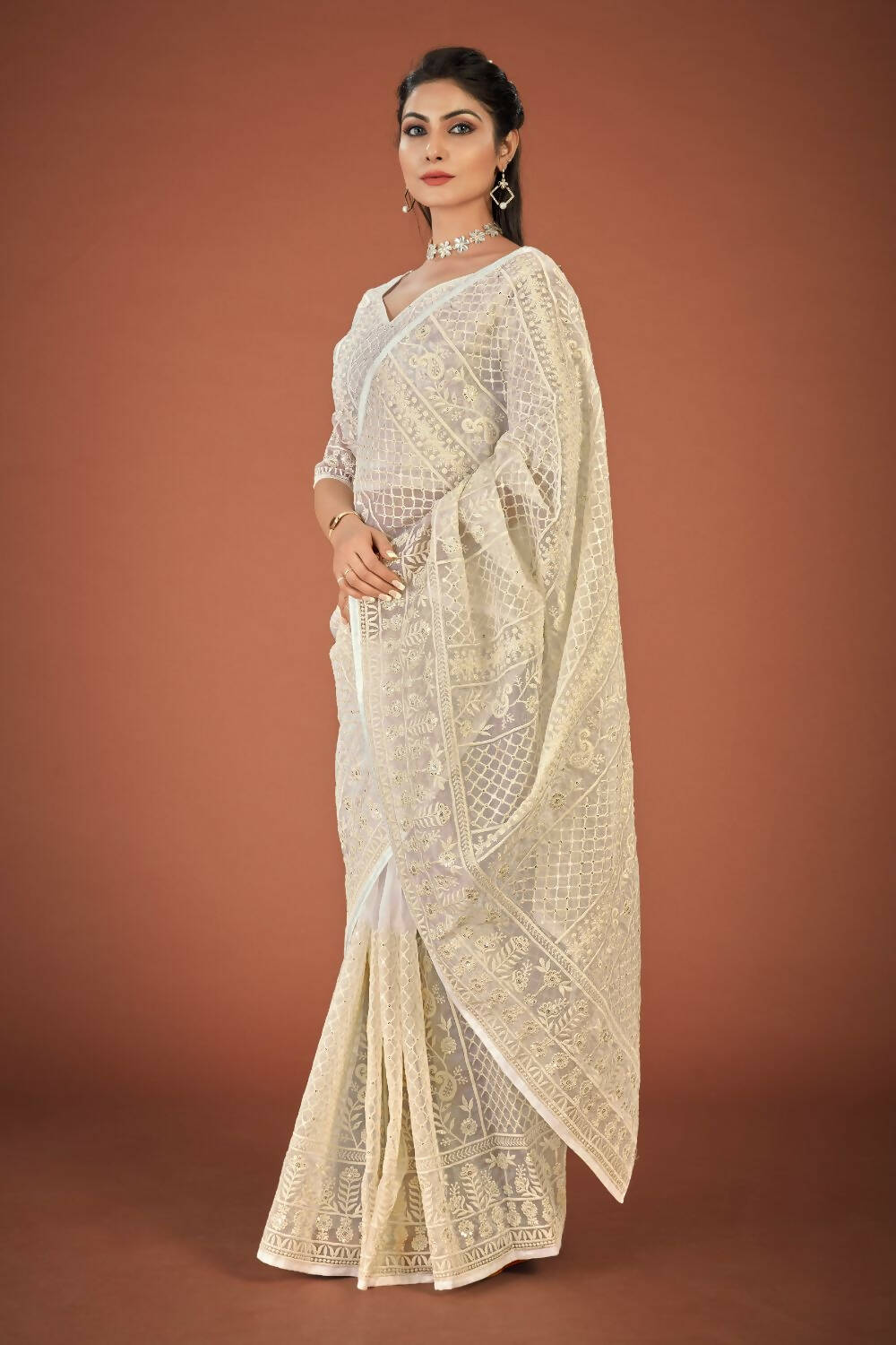 Vamsee White Organza Saree | Grocsy