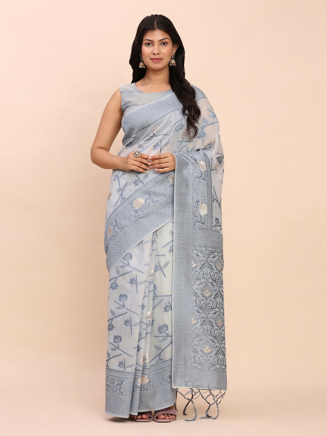 Shree Shyam Fashion Linen Cotton Grey Saree | Grocsy