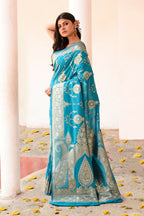 Joban Fashion Blue Banarasi Soft Pure Handloom Banarasi Silk Saree | Grocsy