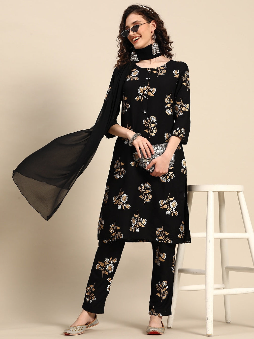 Sangria Floral Printed Regular Kurta With Trousers & Dupatta | Grocsy