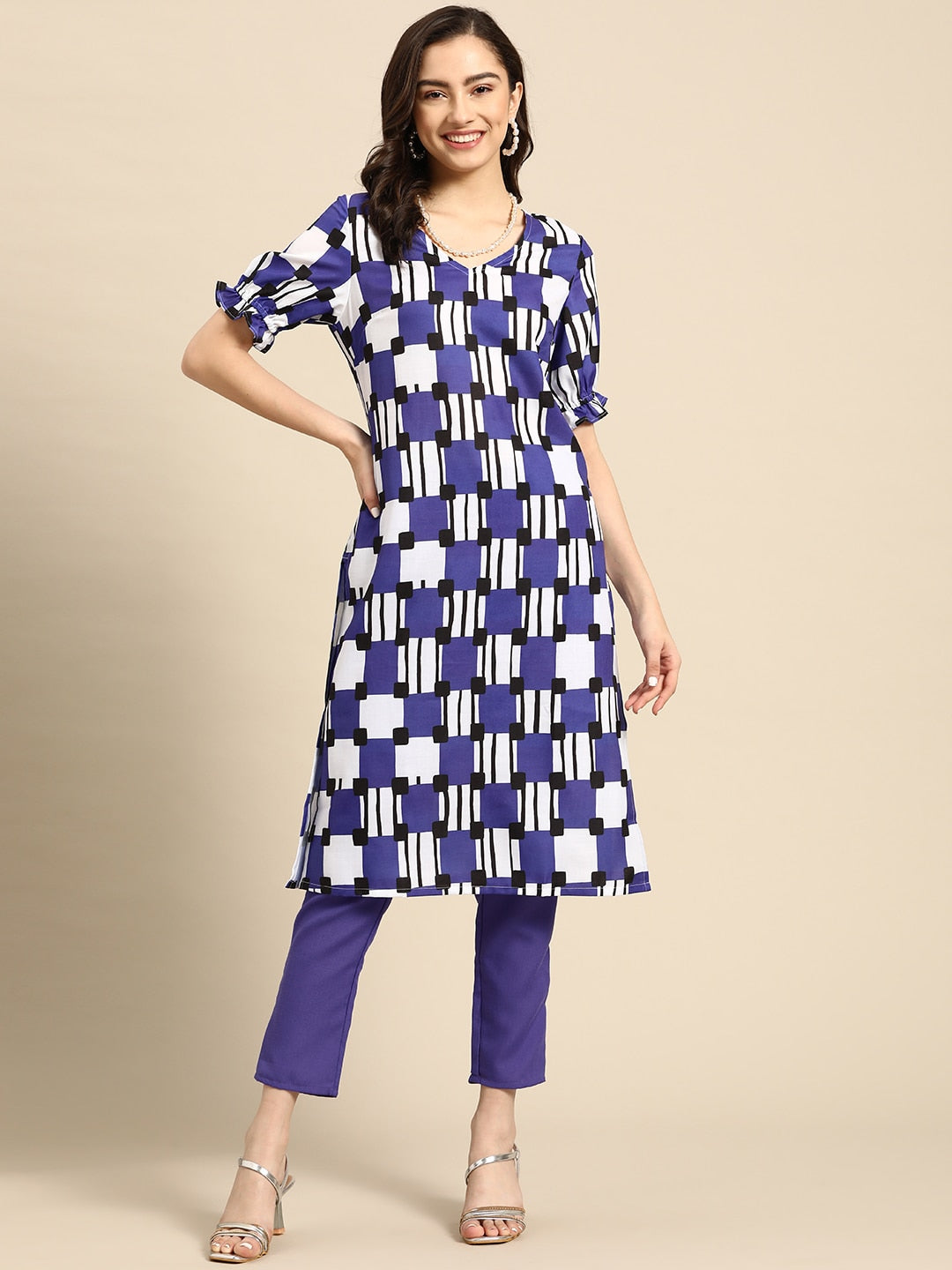 Sangria Women Purple Printed Kurta with Trousers | Grocsy