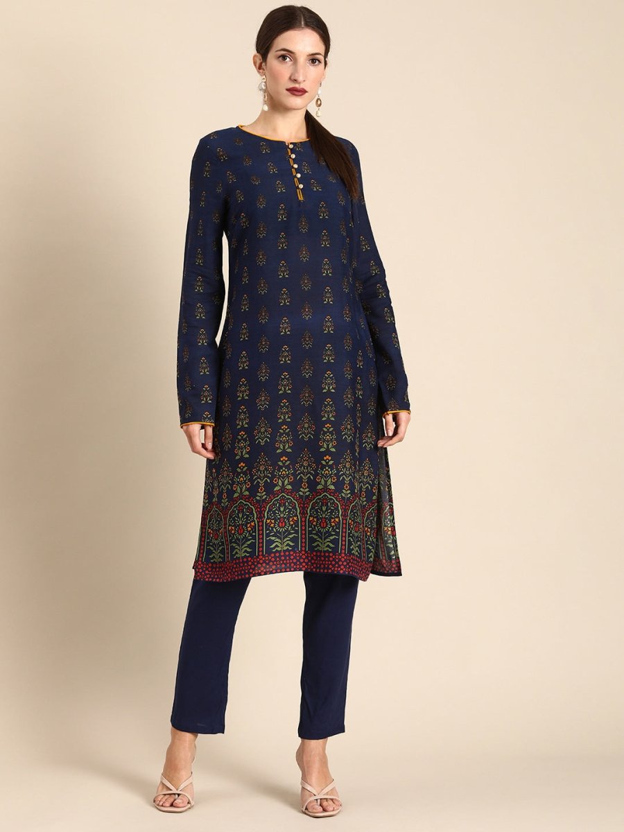 All About You Women Navy Blue Floral Printed Regular Long Sleeves Kurta with Trousers | Grocsy