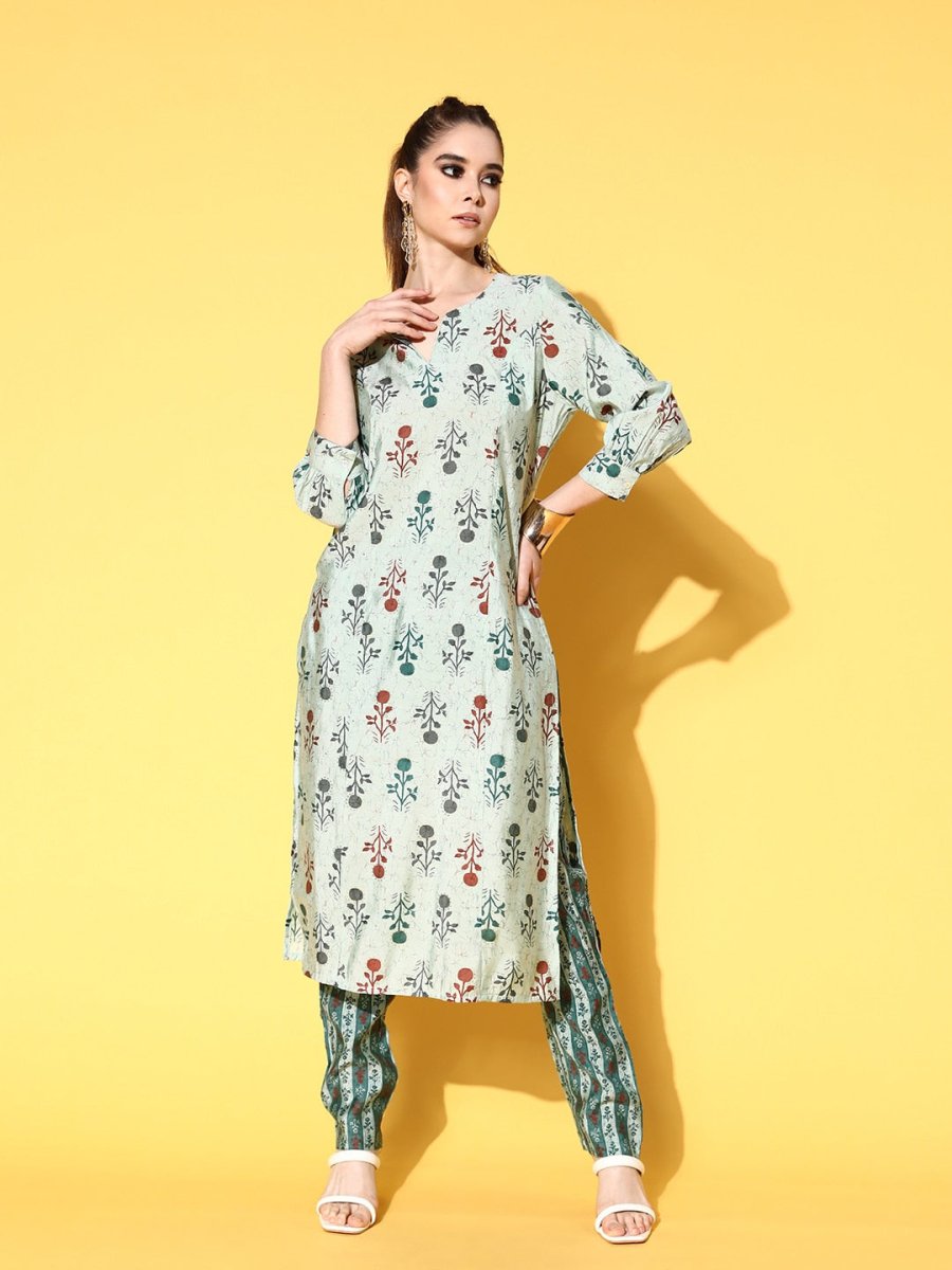 All About You Women Calm Green Ethnic Motifs Print Parade Kurta with Trousers | Grocsy