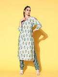All About You Women Calm Green Ethnic Motifs Print Parade Kurta with Trousers | Grocsy