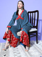 InWeave Women's Teal Red Brocade Mughal Shaan Kurta Palazzo Set | Grocsy