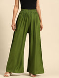 TAG 7 Women Green Solid Wide Leg Palazzos | Grocsy