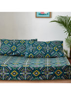 Chumbak Blue & Yellow Ethnic Motifs 136 TC Queen Bedsheet with 2 Pillow Covers | Grocsy
