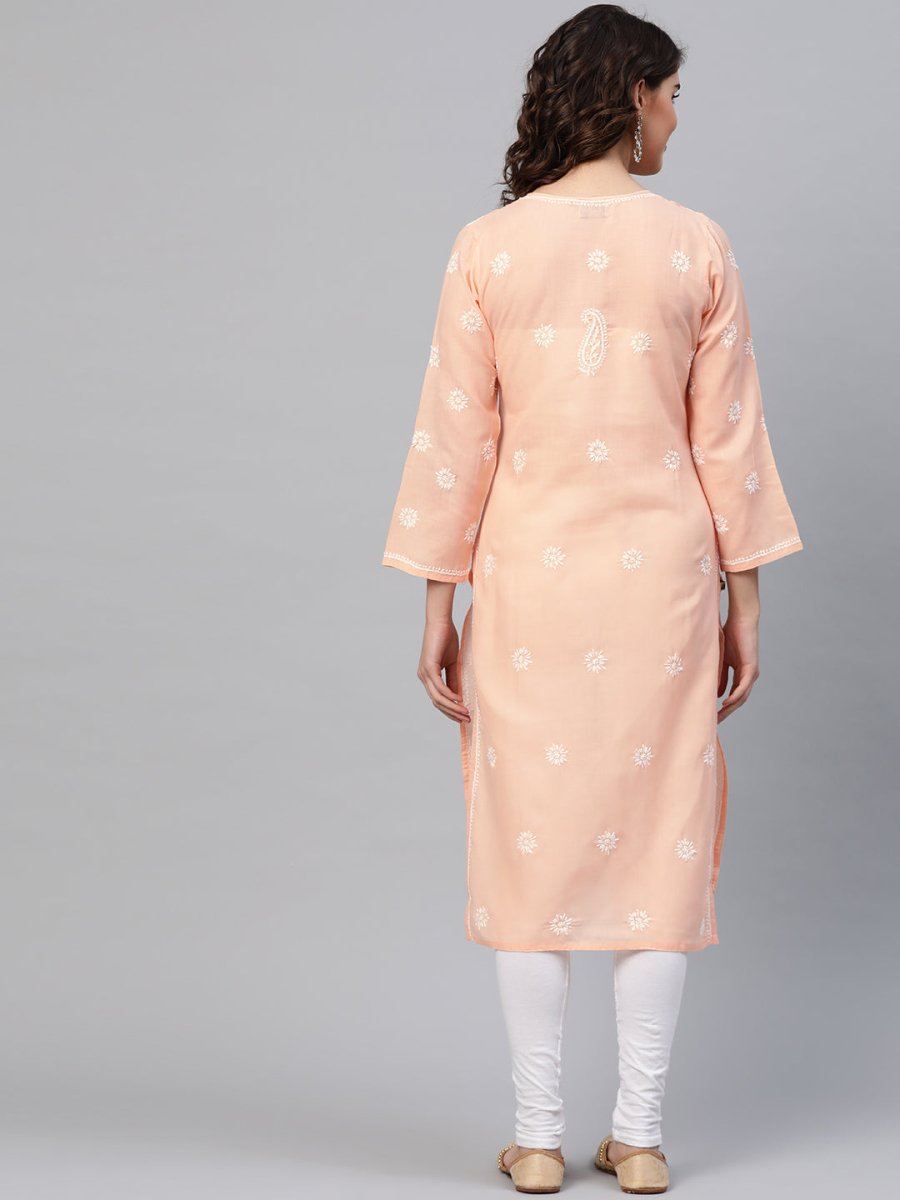 ADA Women Peach-Coloured & White Chikankari Embroidered Cotton Straight Sustainable Kurta | Grocsy