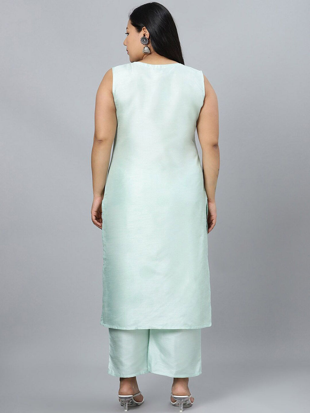 Sztori Plus Size Round Neck Sleeveless Art Silk Kurta With Palazzo & Jacket | Grocsy
