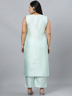 Sztori Plus Size Round Neck Sleeveless Art Silk Kurta With Palazzo & Jacket | Grocsy