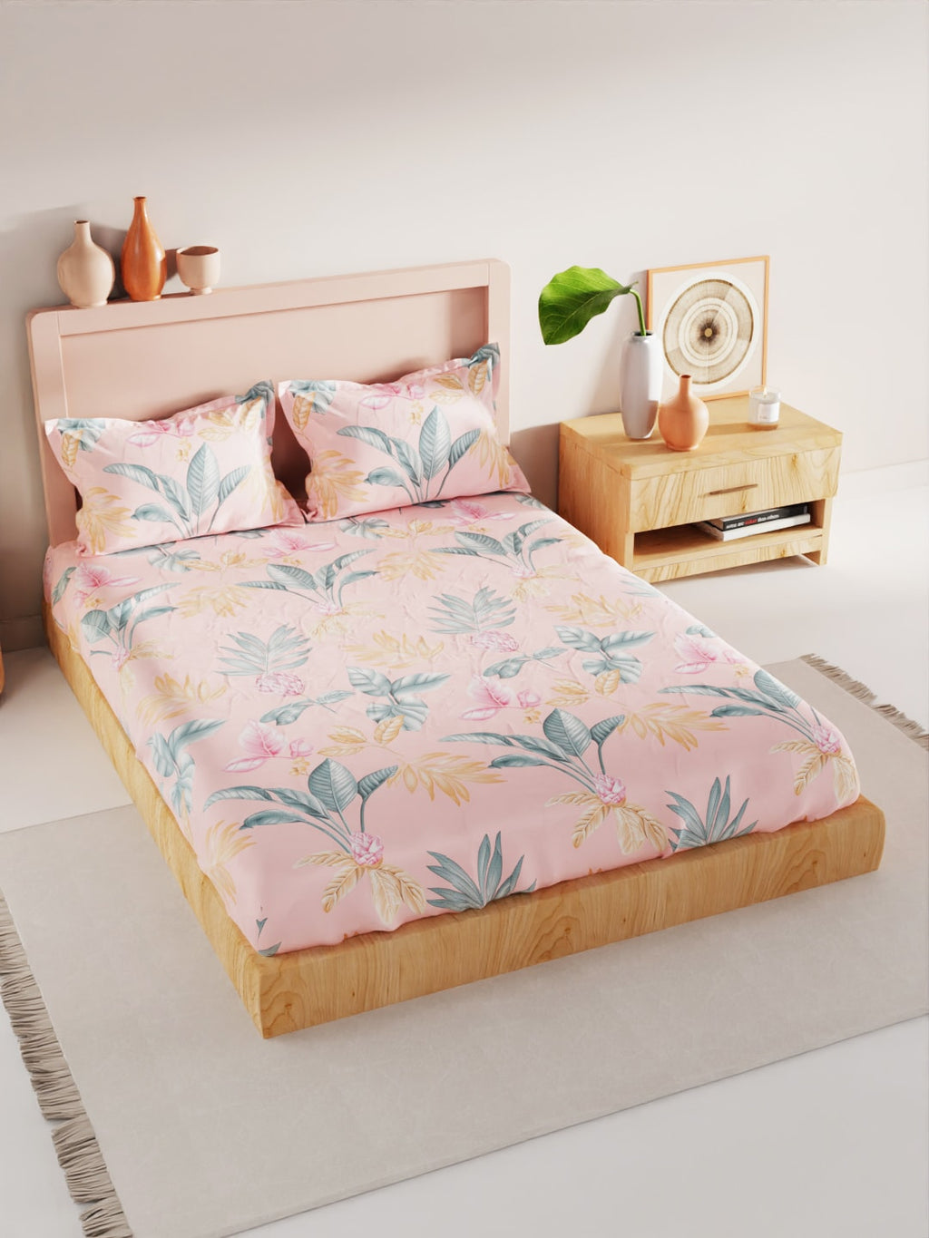 BIANCA Coral & Orange Floral 186 TC King Bedsheet with 2 Pillow Covers | Grocsy