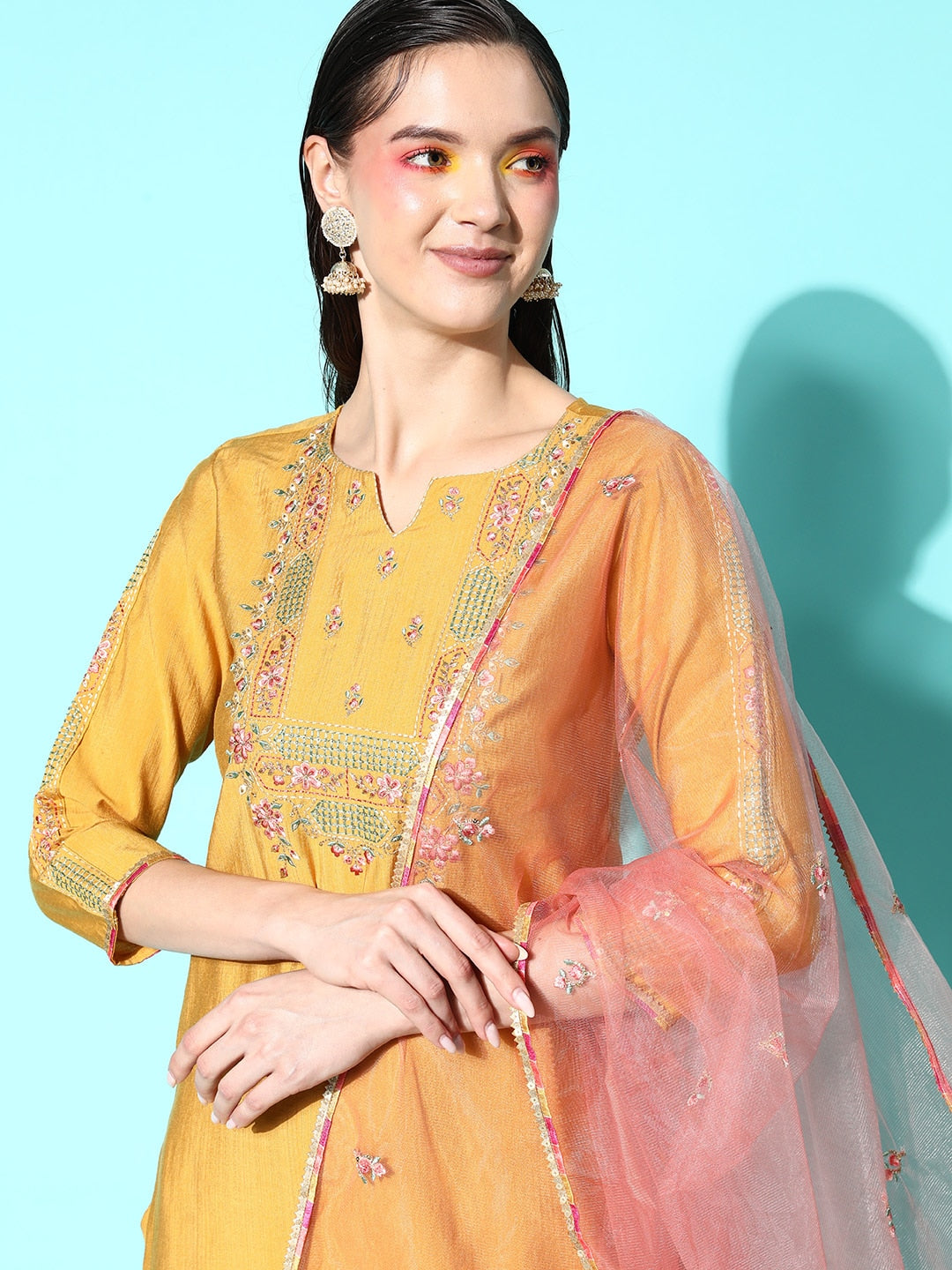 Sangria Floral Embroidered Regular Sequinned Kurta with Trousers & With Dupatta | Grocsy