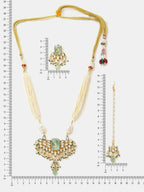 Ruby Raang Pearl Glow Necklace With Matching Earrings And Maang Tikka | Grocsy