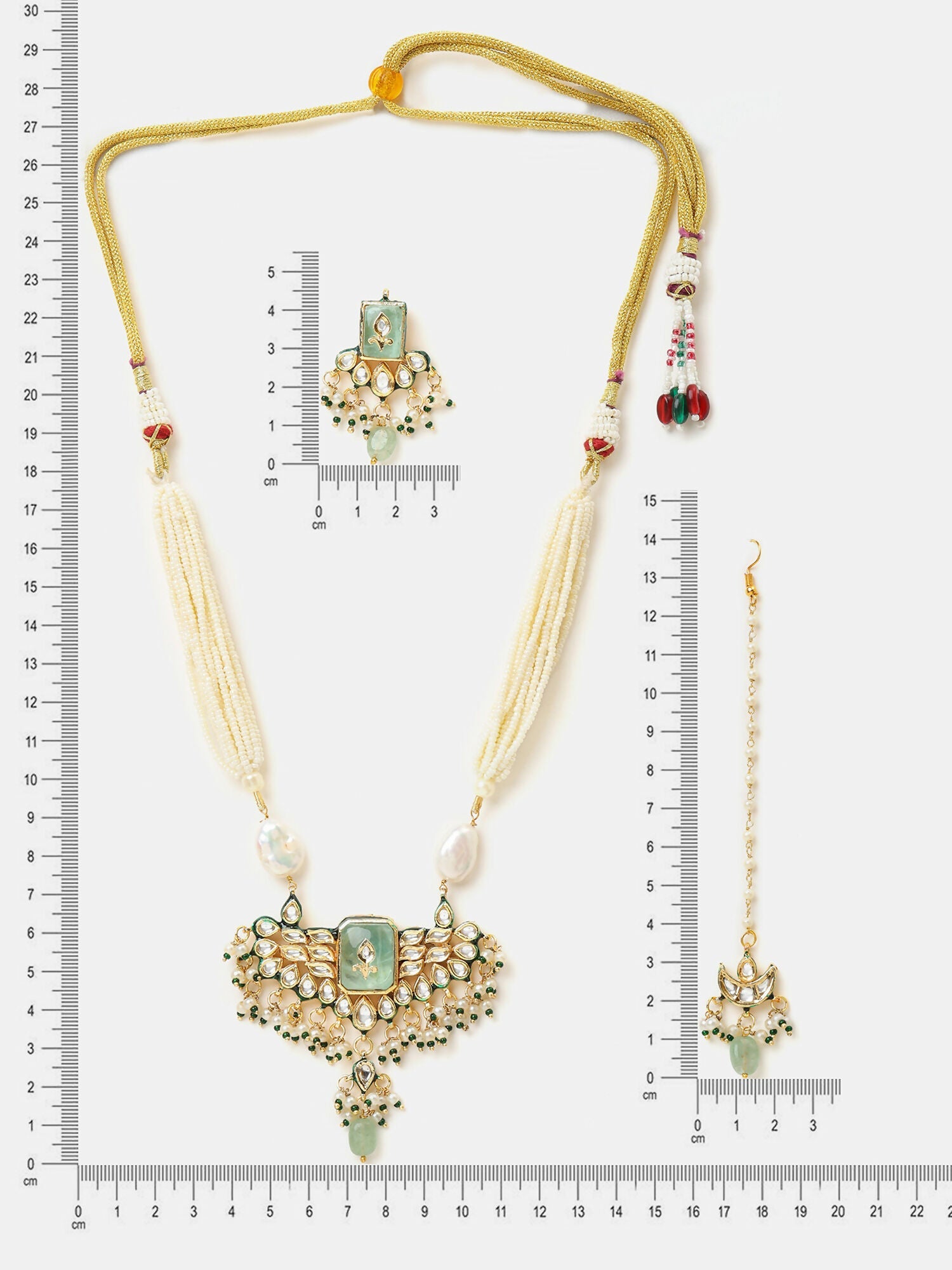 Ruby Raang Pearl Glow Necklace With Matching Earrings And Maang Tikka | Grocsy