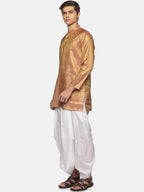 Sethukrishna Men Art Silk Golden & Red Kurta with Dhoti Pants | Grocsy