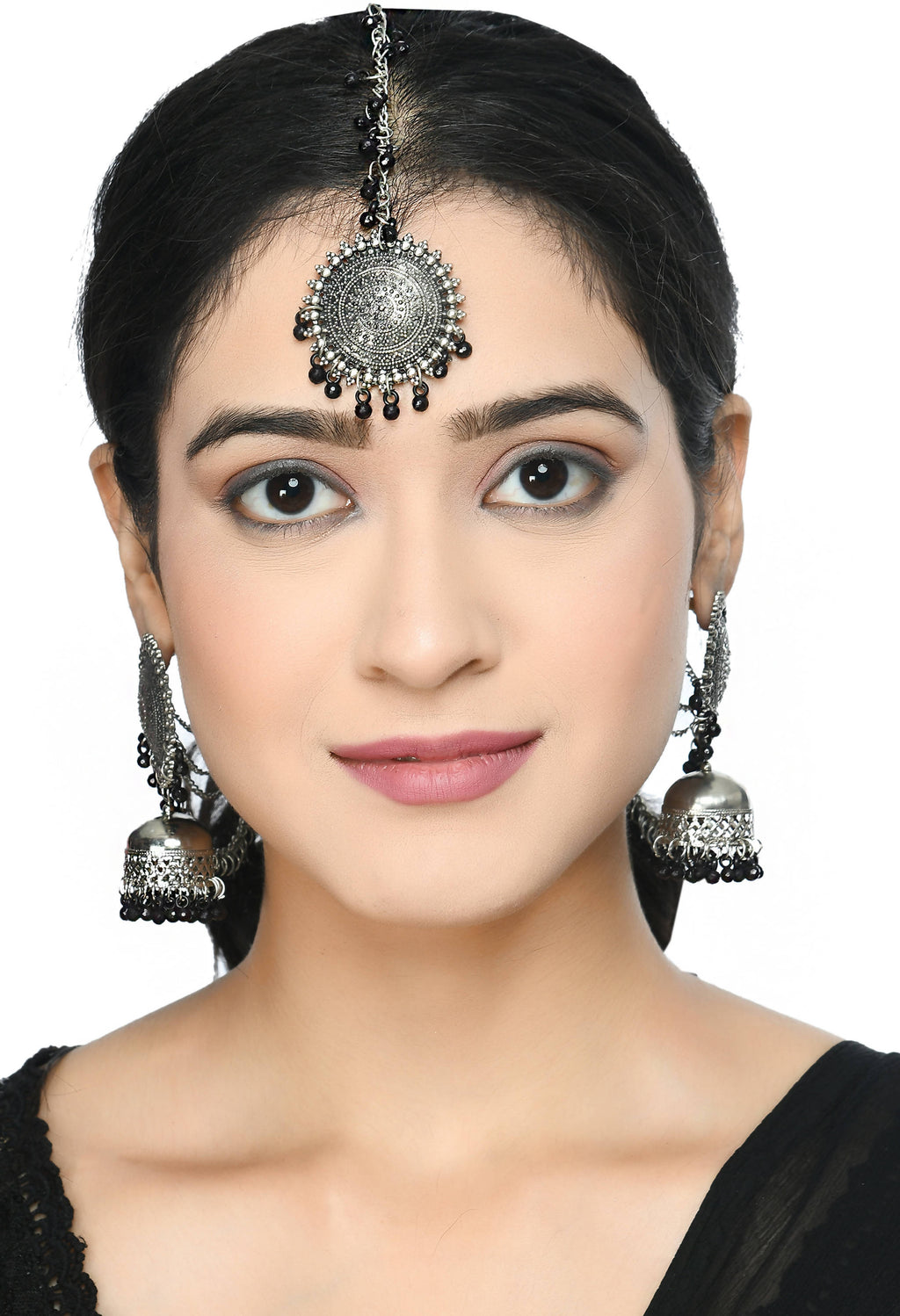 Mominos Fashion Johar Kamal Bahubali Black Beads Earrings With Tikka