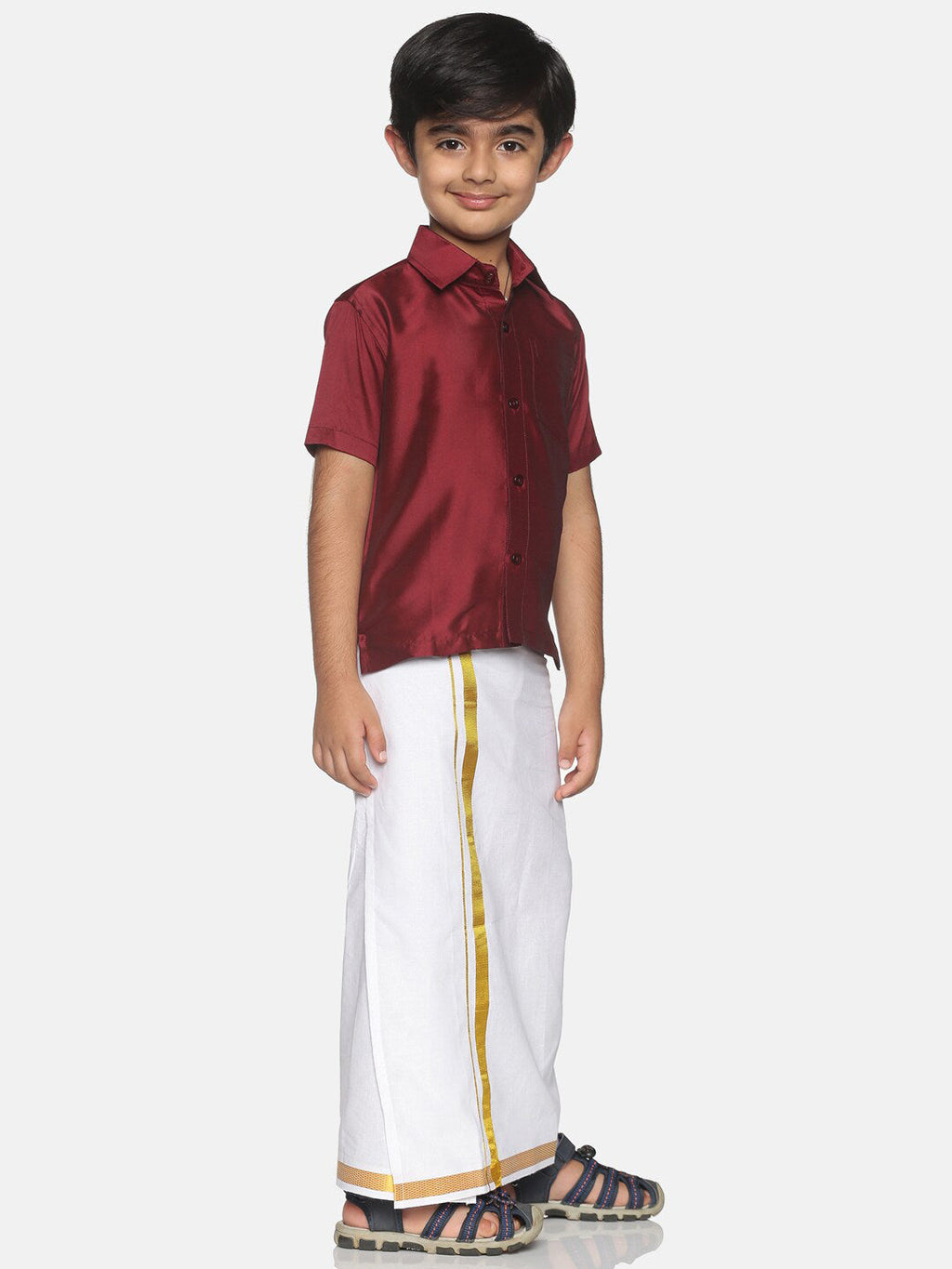 Sethukrishna Maroon & & White Pure Cotton Solid Shirt Veshti Set For Boys | Grocsy