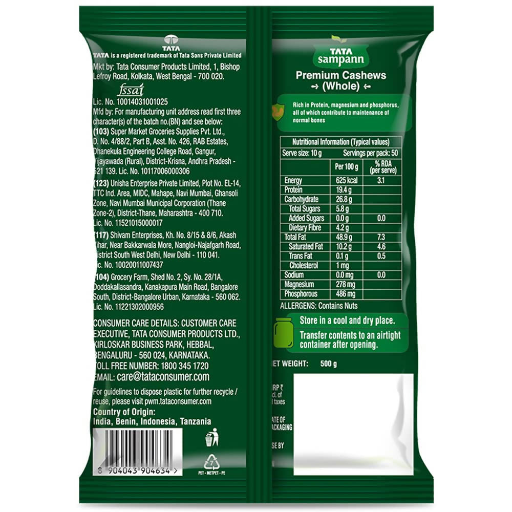 Tata Sampann Premium Cashews Whole | Grocsy