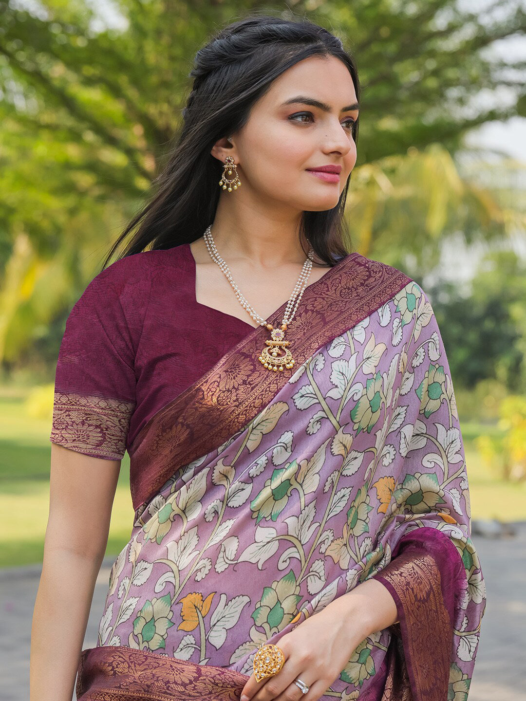 Tikhi Imli Floral Printed Zari Ready to Wear Saree | Grocsy
