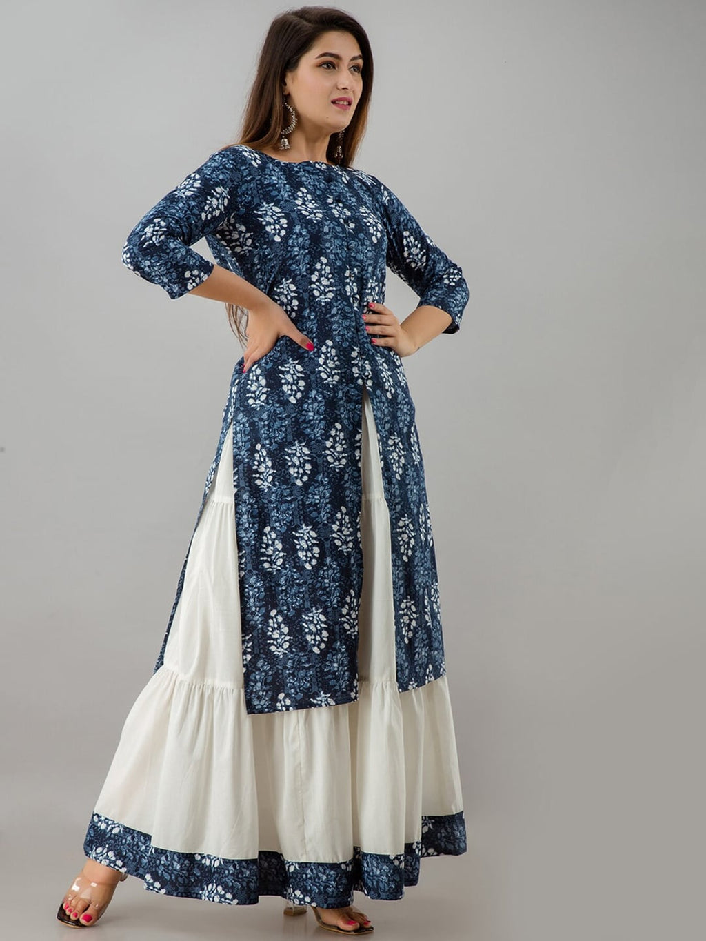 HERE&NOW Blue & White Boat Neck Floral Printed Kurta with Skirt | Grocsy