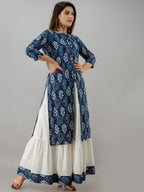 HERE&NOW Blue & White Boat Neck Floral Printed Kurta with Skirt | Grocsy