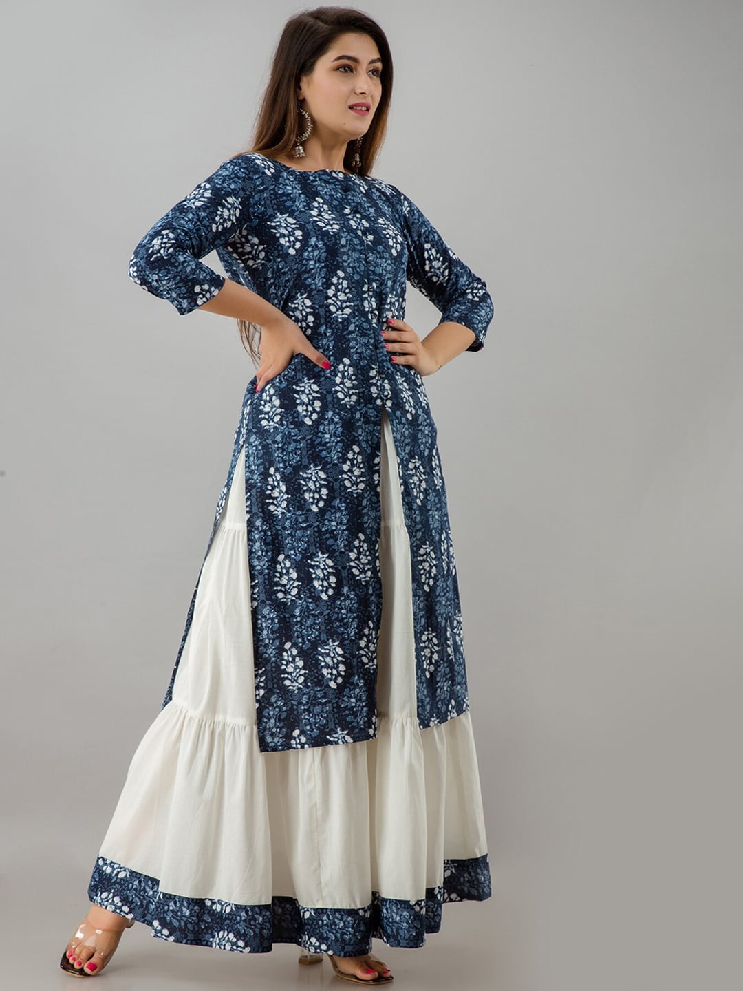 HERE&NOW Blue & White Boat Neck Floral Printed Kurta with Skirt | Grocsy