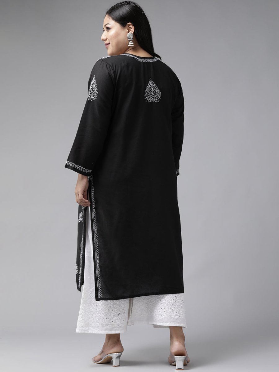ADA Women Plus Size Black & White Chikankari Hand Embroidered Sustainable Straight Kurta | Grocsy