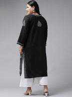 ADA Women Plus Size Black & White Chikankari Hand Embroidered Sustainable Straight Kurta | Grocsy