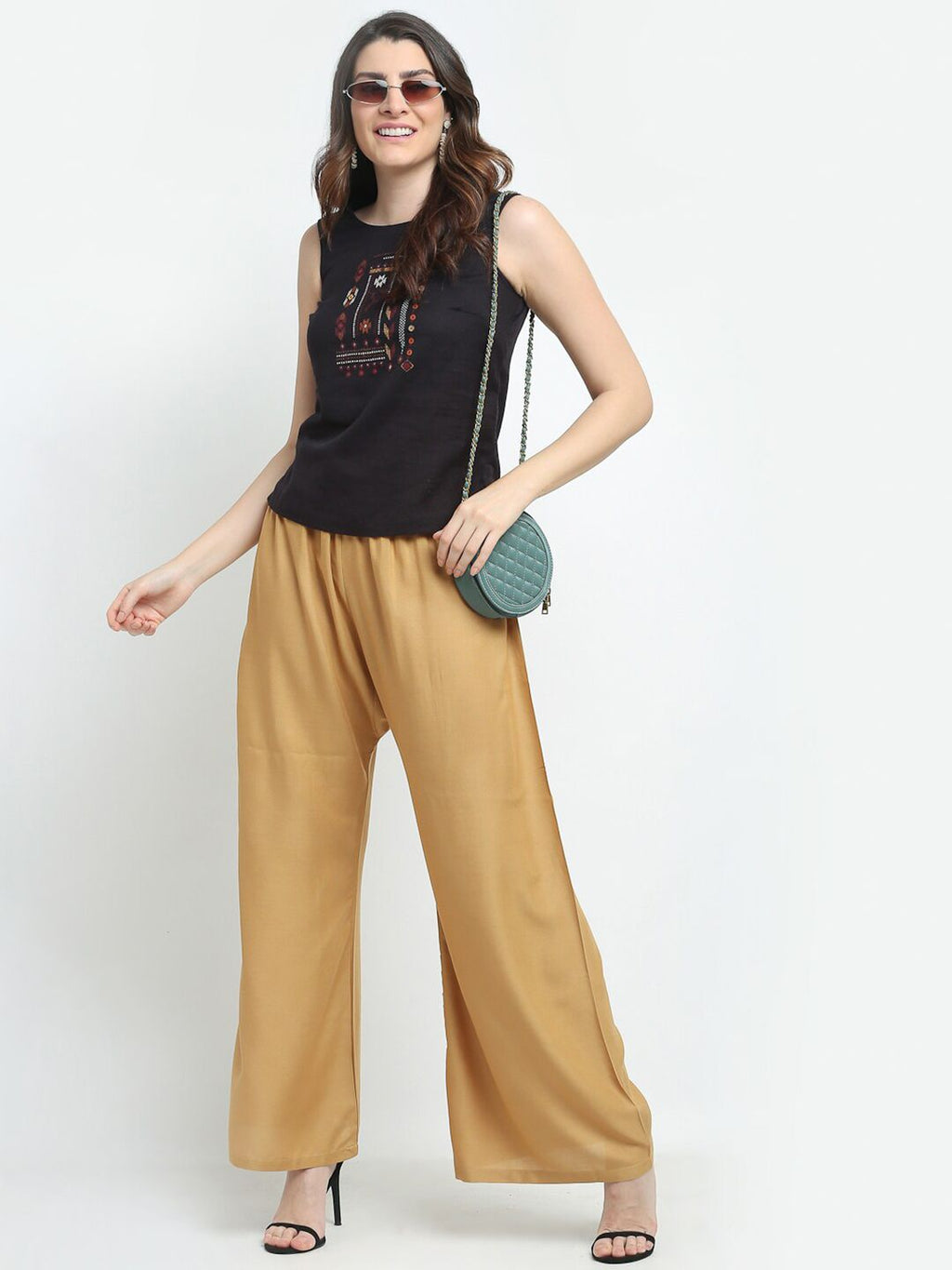TAG 7 Women Pack of 2 Black & Beige Solid Wide-Leg Palazzos | Grocsy