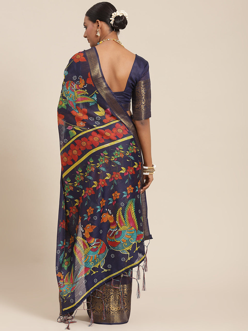 Saree Mall Navy Blue Kalamkari Saree | Grocsy
