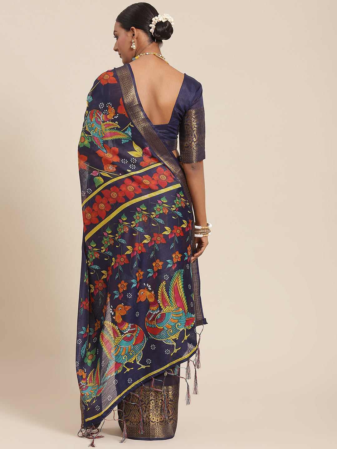 Saree Mall Navy Blue Kalamkari Saree | Grocsy