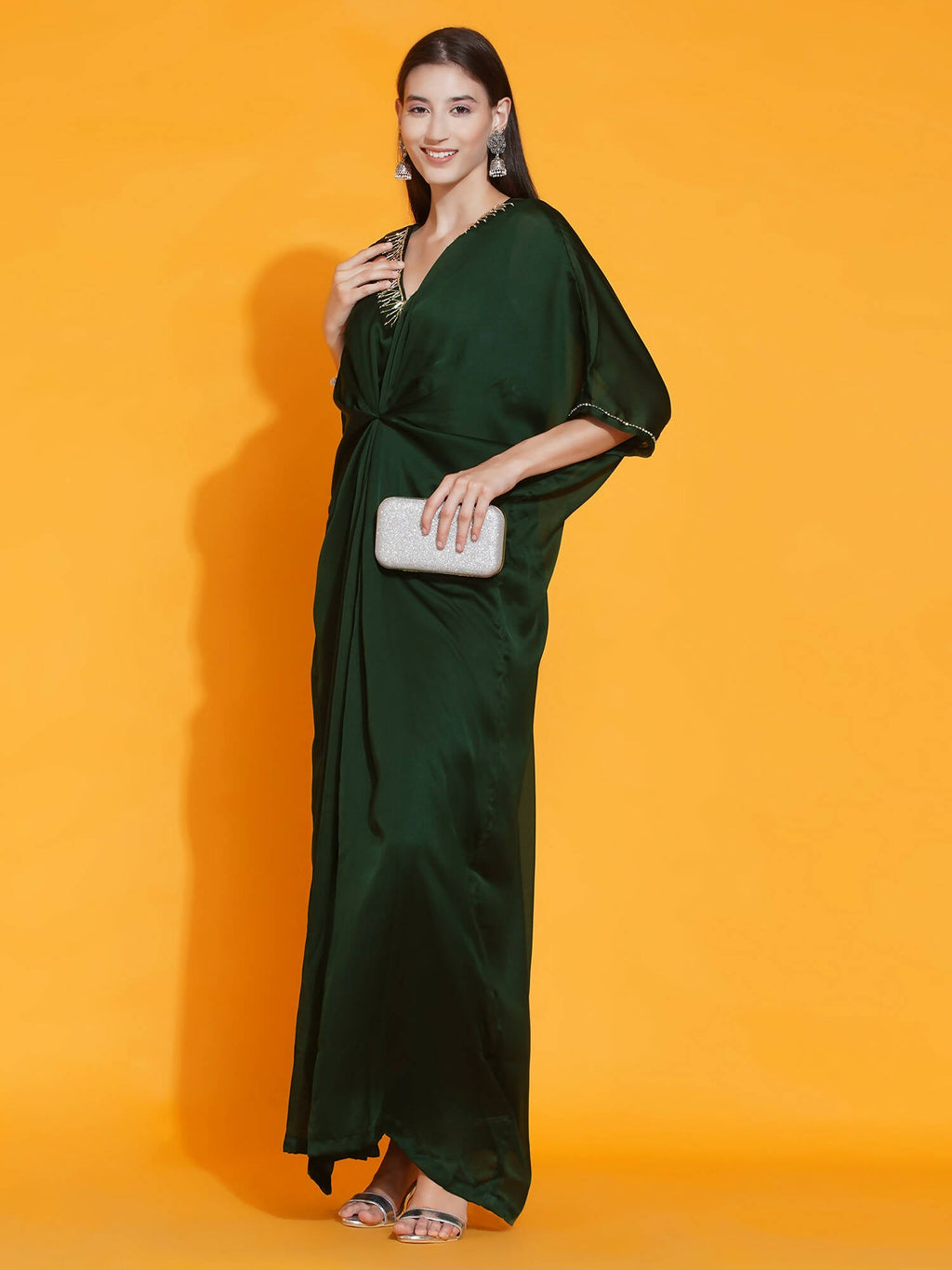 Women Republic Green Georgette Hand Embellished Kaftan Style Gown | Grocsy