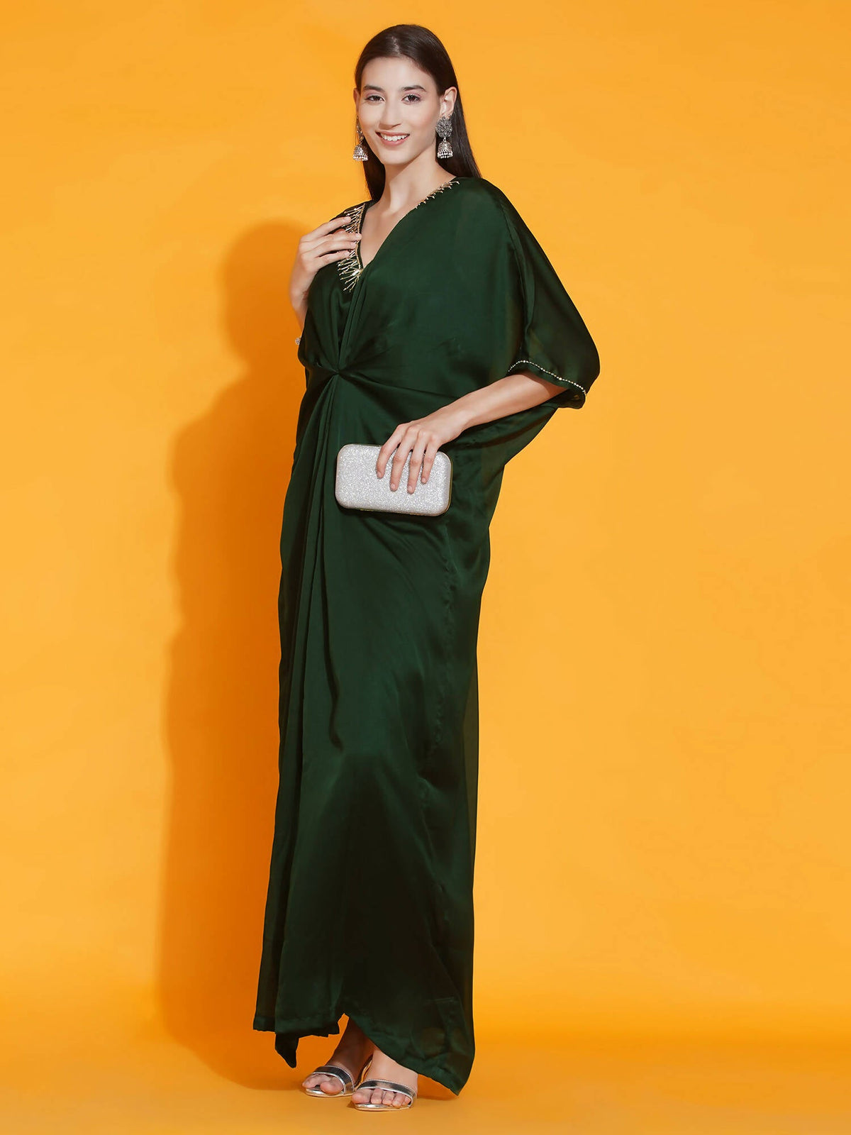 Women Republic Green Georgette Hand Embellished Kaftan Style Gown | Grocsy