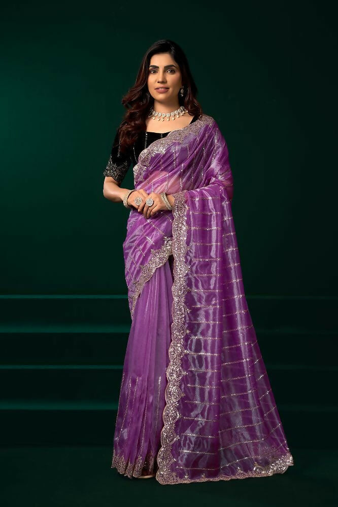Joban Fashion Lavender Net Party Wear Sarees | Grocsy