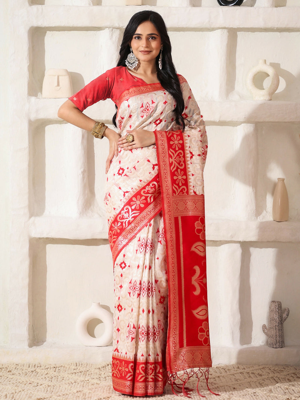 Shree Shyam Fashion Linen Cotton Red & White Saree | Grocsy