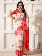 Shree Shyam Fashion Linen Cotton Red & White Saree | Grocsy