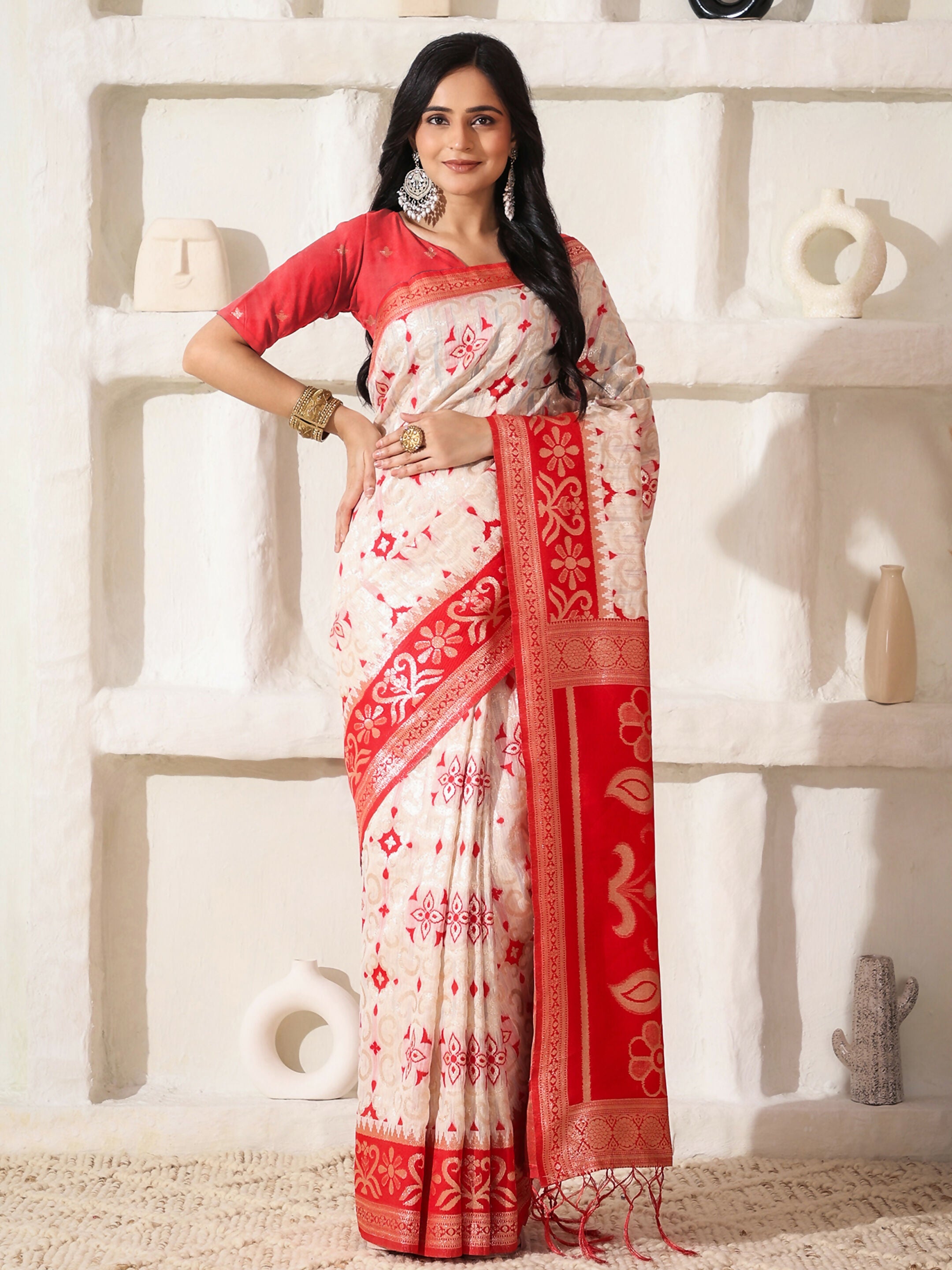 Shree Shyam Fashion Linen Cotton Red & White Saree | Grocsy