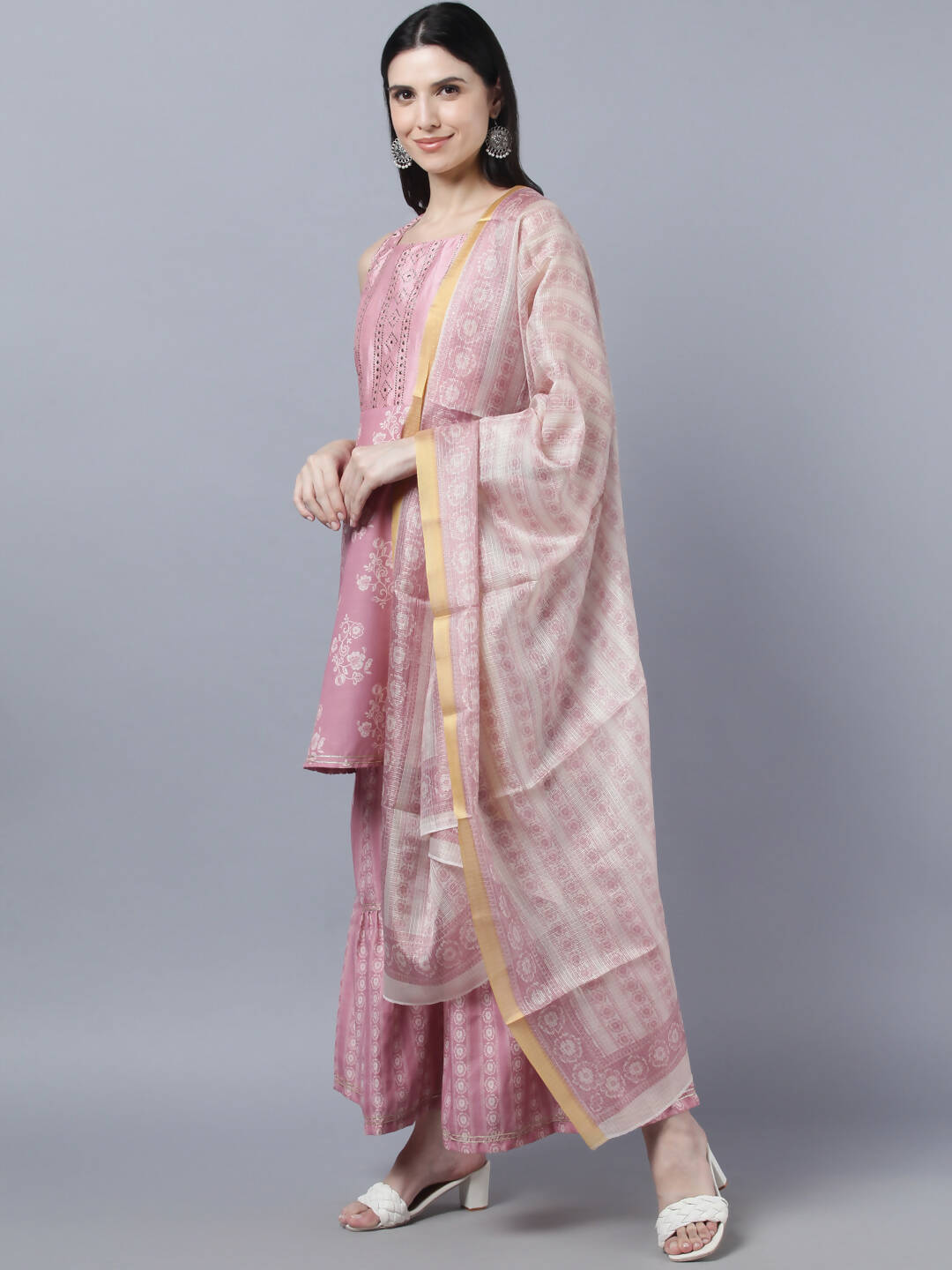 Myshka Women Peach-Coloured White Floral Printed Kurta with Sharara With Dupatta Set | Grocsy