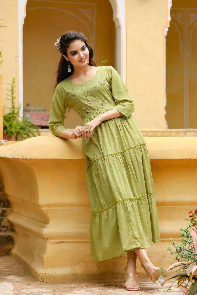 Yufta Green Cotton Dobby Dress | Grocsy