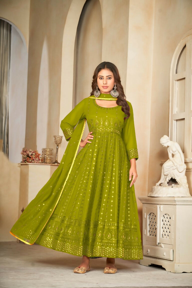 Jyoti Fashion Women's Mehendi Georgette Embroidered Anarkali Kurta Pant Set With Dupatta | Grocsy