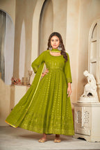 Jyoti Fashion Women's Mehendi Georgette Embroidered Anarkali Kurta Pant Set With Dupatta | Grocsy