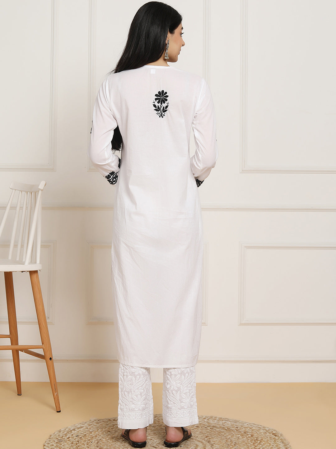 HOUSE OF KARI Women Ethnic Motifs Embroidered Regular Chikankari Pure Cotton Kurta with Trousers | Grocsy