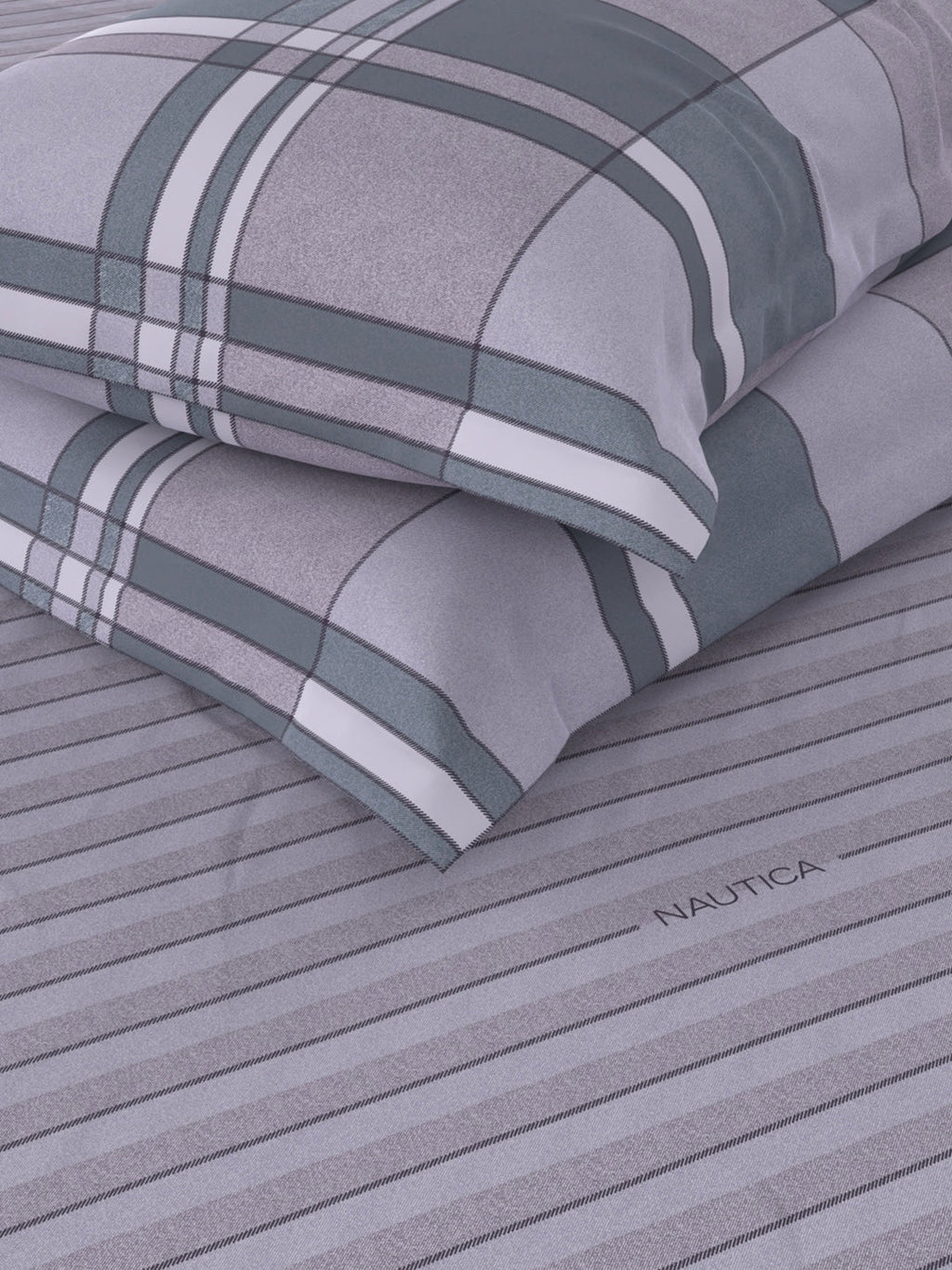 Nautica Grey & Blue Striped Cotton 160 TC King Bedsheet With 2 Pillow Covers | Grocsy