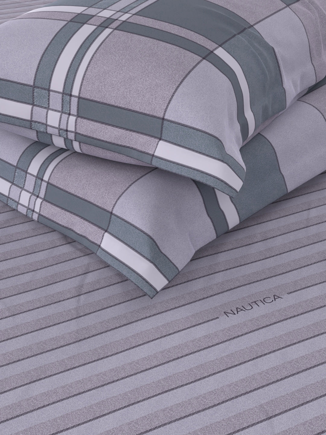 Nautica Grey & Blue Striped Cotton 160 TC King Bedsheet With 2 Pillow Covers | Grocsy