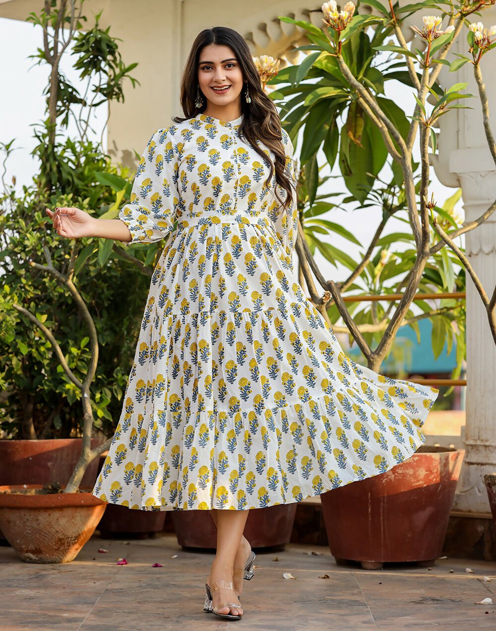 Kaajh Women's White-Yellow Ethnic Floral Hand Block Print Cotton Dress | Grocsy