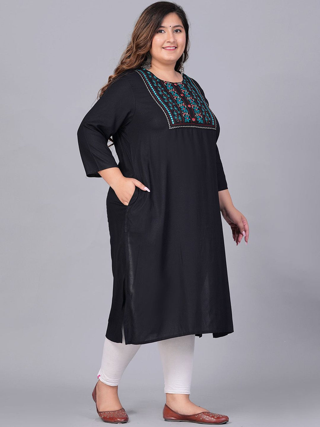 Sztori Plus Size Floral Embroidered Yoke Mirror Work Straight Kurta | Grocsy