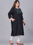 Sztori Plus Size Floral Embroidered Yoke Mirror Work Straight Kurta | Grocsy