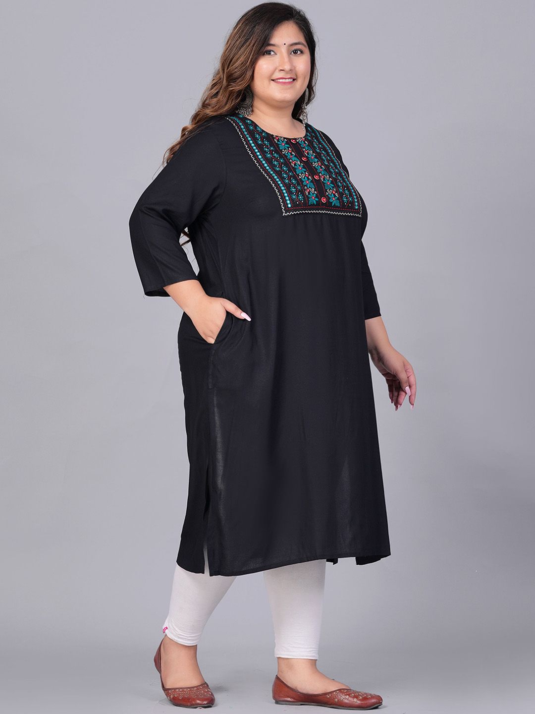 Sztori Plus Size Floral Embroidered Yoke Mirror Work Straight Kurta | Grocsy