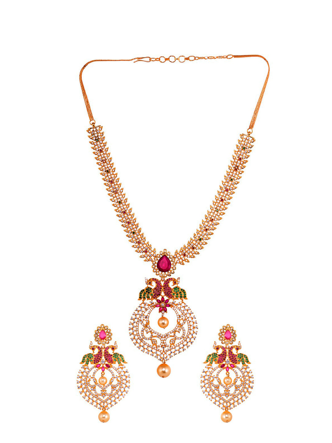 Saraf RS Jewellery Gold-Polished Green & Pink American Diamond Studded & Beaded Handcrafted Jewellery Set | Grocsy